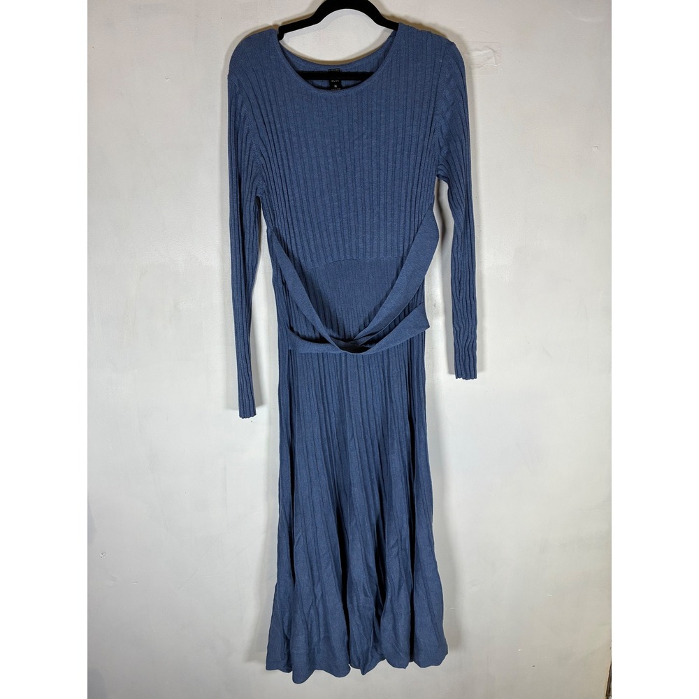 Emery Rose XL Blue Ribbed Knit Maxi Dress Belted Stretch Modest Peasant Teacher